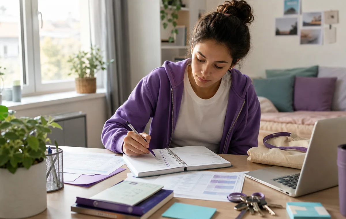 Étudiante vérifiant sa checklist de rentrée universitaire 2026 avant de rejoindre le campus