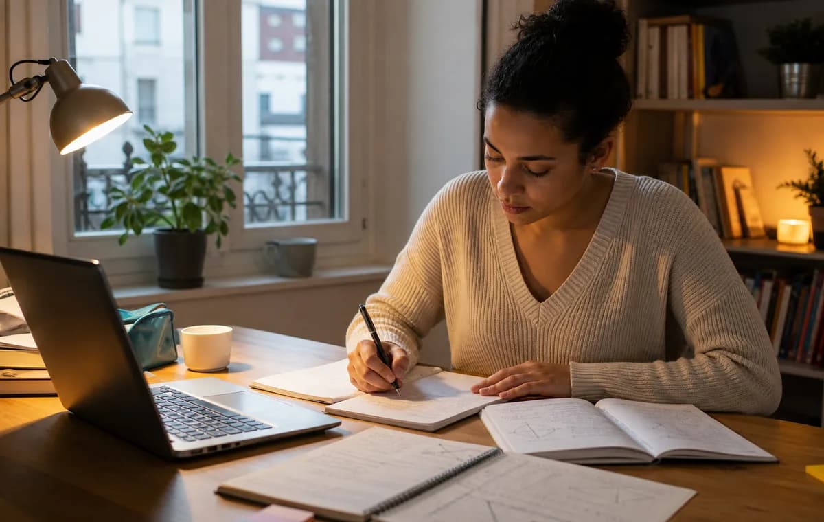 Adulte préparant le DAEU le soir avec des cours de français et de mathématiques