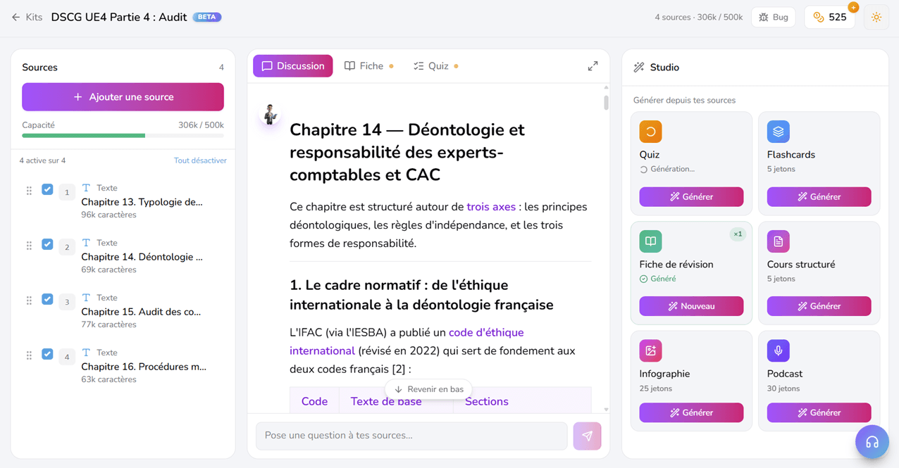 Aperçu du kit de révision DSCG : sources, discussion IA et studio de génération