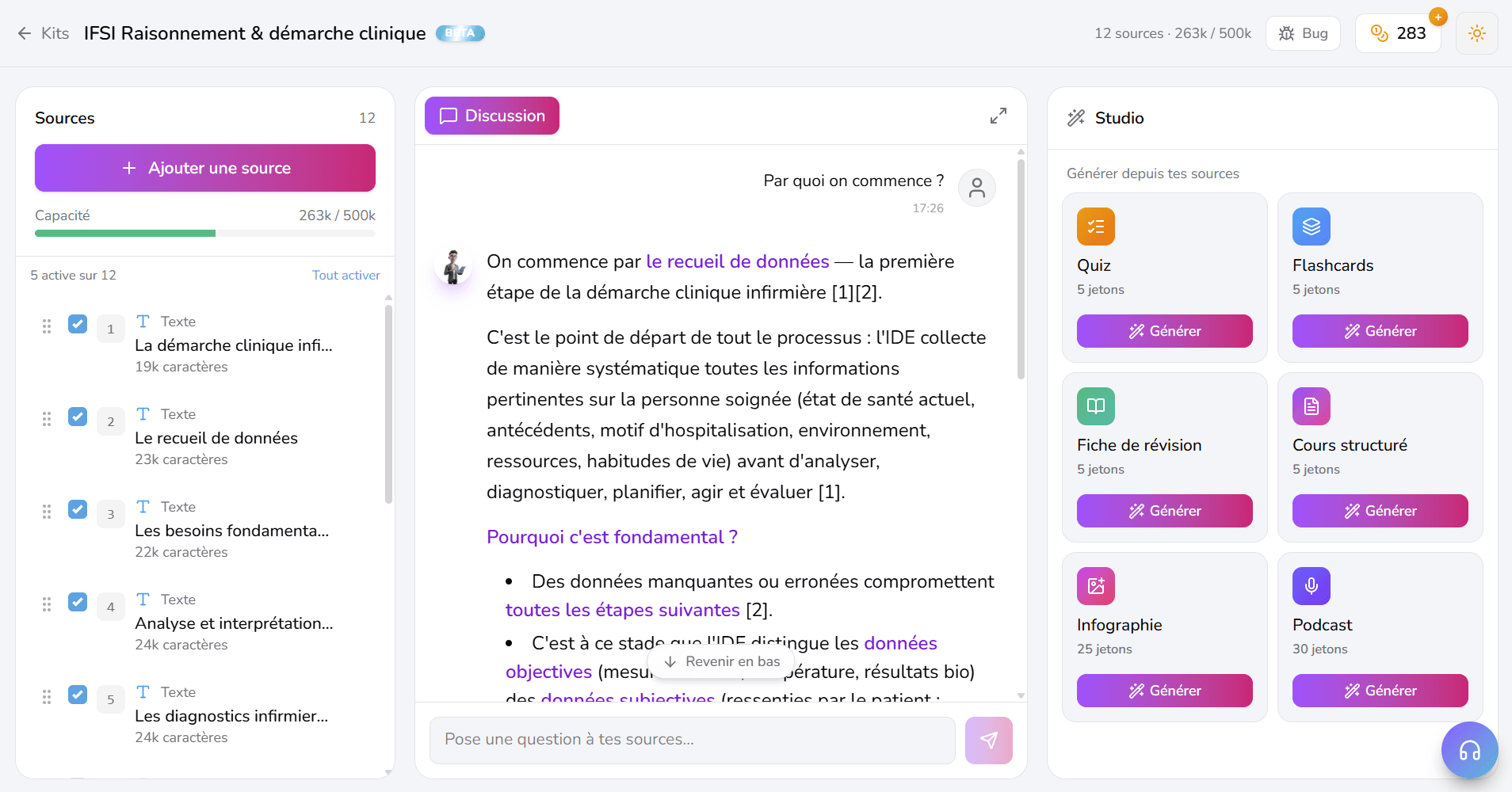 Aperçu du kit de révision IFSI : sources, discussion IA et studio de génération