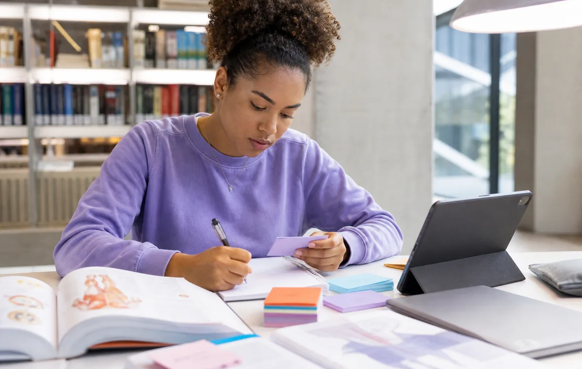 Étudiante en PASS ou LAS préparant des questions de rappel actif à la bibliothèque