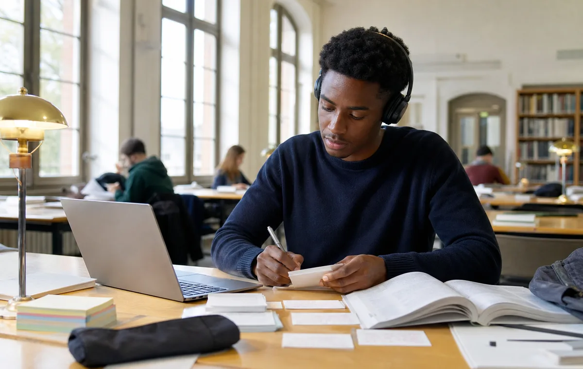 Étudiant international travaillant le français académique et son vocabulaire à la bibliothèque